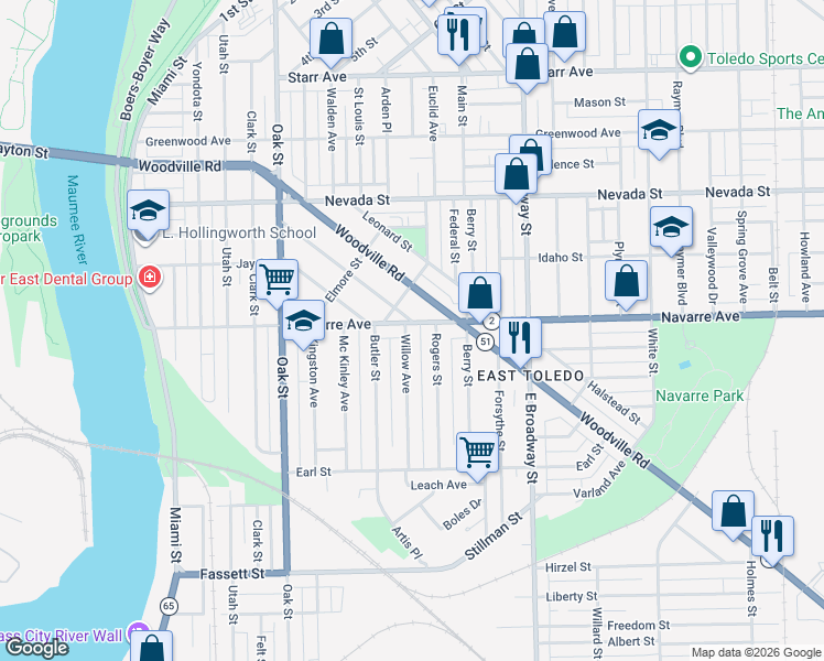 map of restaurants, bars, coffee shops, grocery stores, and more near 827 Willow Avenue in Toledo