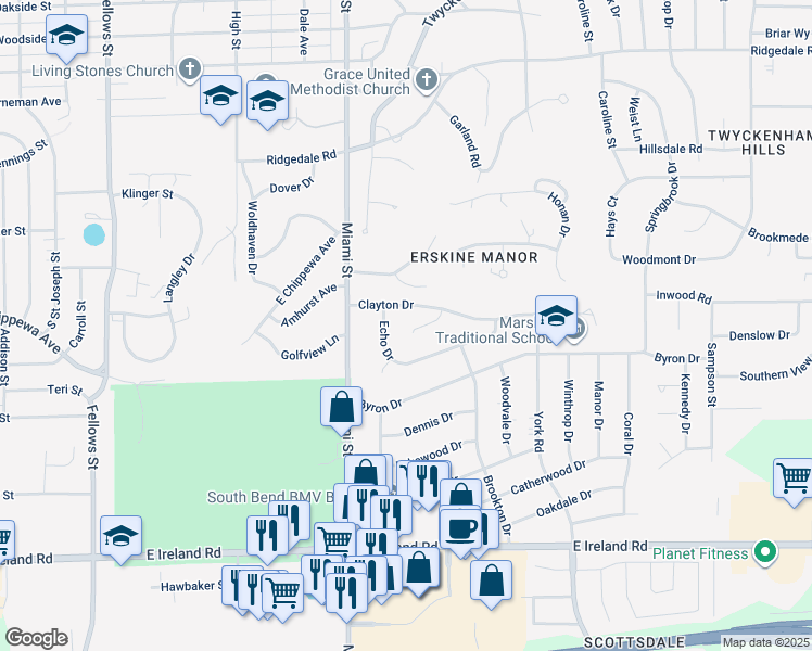 map of restaurants, bars, coffee shops, grocery stores, and more near 1220 Eaton Drive in South Bend