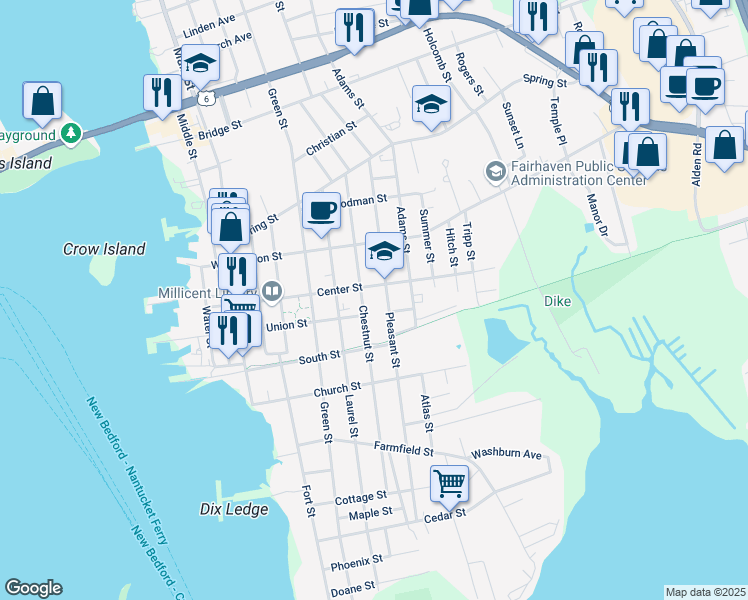 map of restaurants, bars, coffee shops, grocery stores, and more near 100 Pleasant Street in Fairhaven