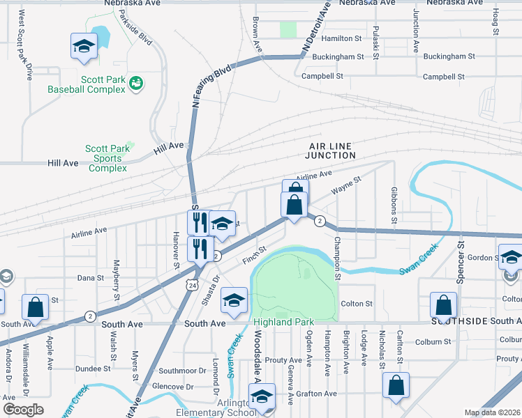 map of restaurants, bars, coffee shops, grocery stores, and more near 1746 Airport Highway in Toledo
