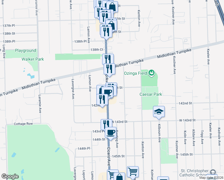 map of restaurants, bars, coffee shops, grocery stores, and more near 14115 South Cicero Avenue in Crestwood