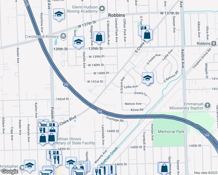 map of restaurants, bars, coffee shops, grocery stores, and more near 14055 South Claire Boulevard in Robbins
