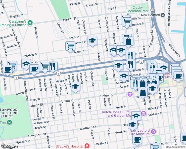 map of restaurants, bars, coffee shops, grocery stores, and more near 370 Middle Street in New Bedford