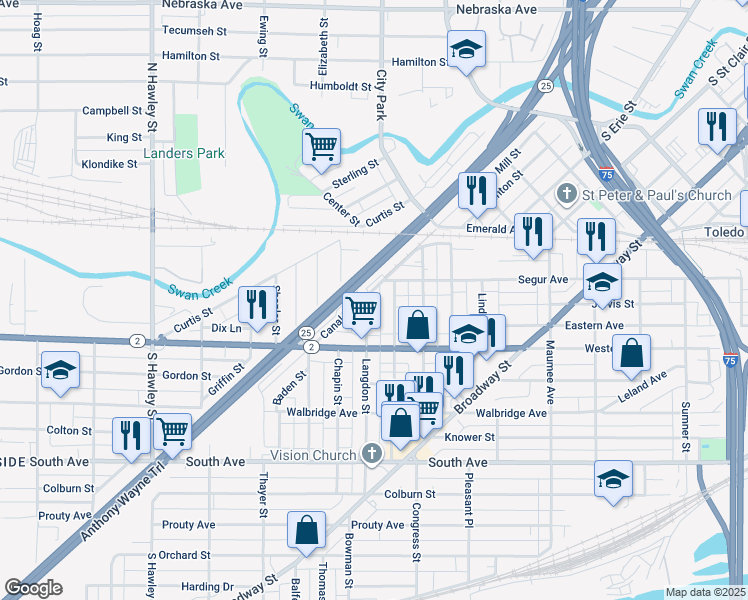 map of restaurants, bars, coffee shops, grocery stores, and more near 237 Langdon Street in Toledo