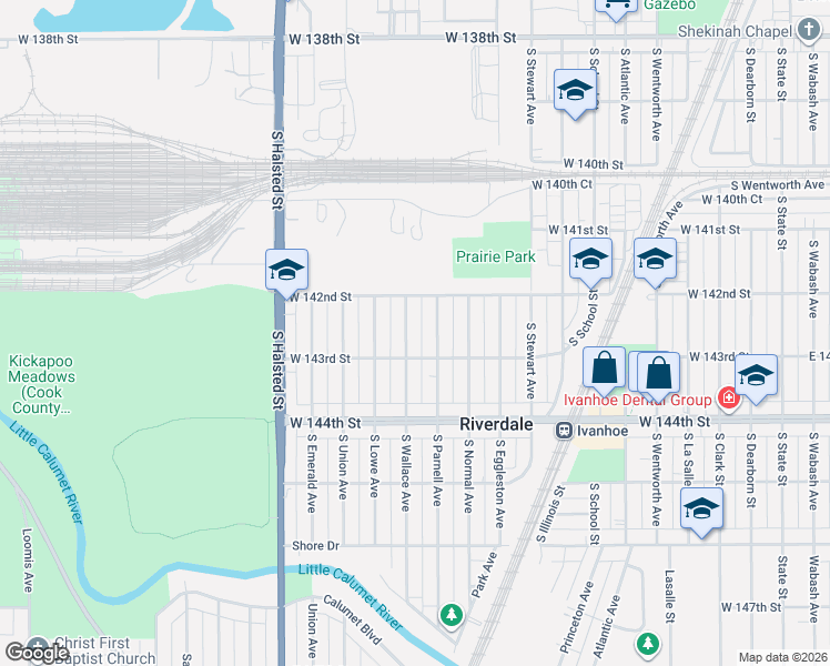 map of restaurants, bars, coffee shops, grocery stores, and more near 14235 South Wallace Avenue in Riverdale