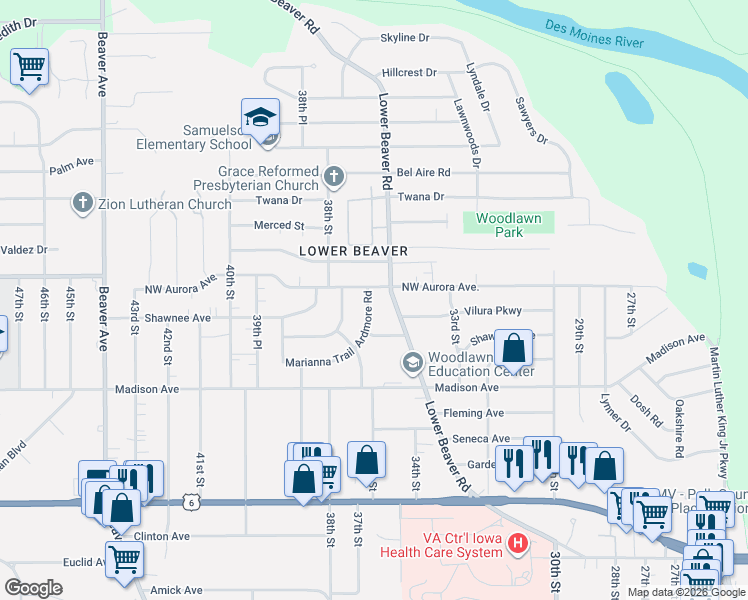 map of restaurants, bars, coffee shops, grocery stores, and more near 4118 Lower Beaver Road in Des Moines