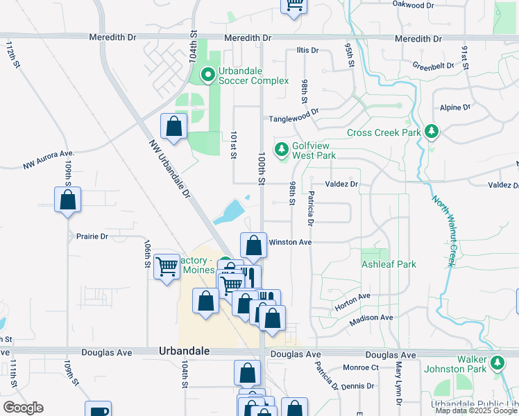 map of restaurants, bars, coffee shops, grocery stores, and more near 9913 Quail Ridge in Urbandale