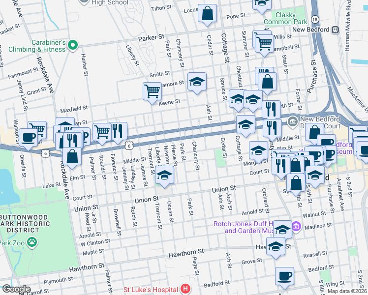 map of restaurants, bars, coffee shops, grocery stores, and more near 408 Middle Street in New Bedford