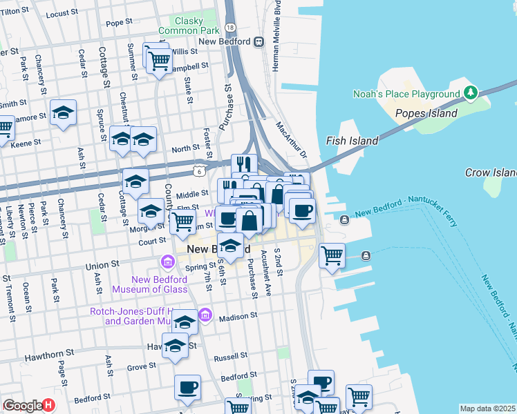 map of restaurants, bars, coffee shops, grocery stores, and more near 393 Acushnet Avenue in New Bedford