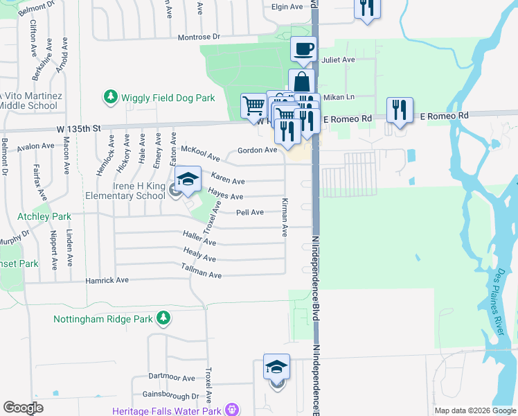 map of restaurants, bars, coffee shops, grocery stores, and more near 217 Pell Avenue in Romeoville