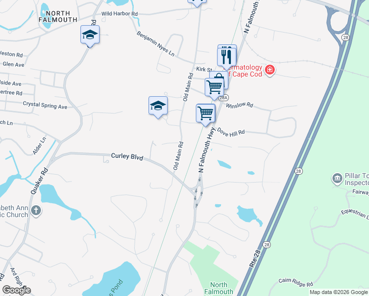 map of restaurants, bars, coffee shops, grocery stores, and more near 33 Old Main Road in Falmouth