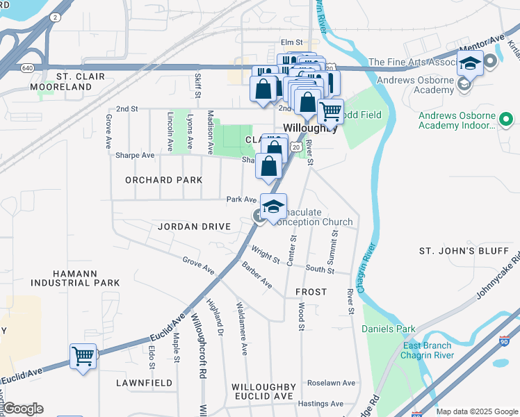 map of restaurants, bars, coffee shops, grocery stores, and more near in Willoughby