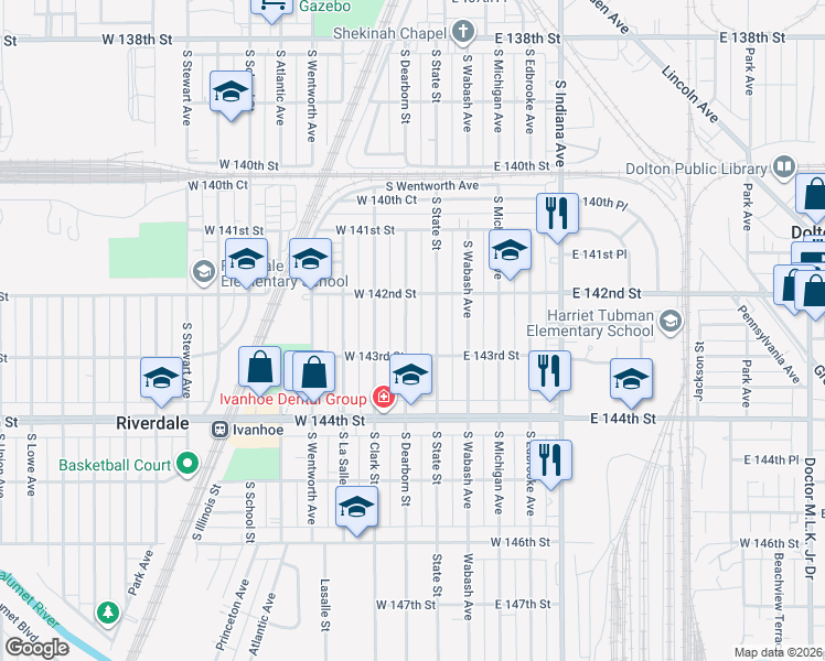 map of restaurants, bars, coffee shops, grocery stores, and more near 14223 South Dearborn Street in Riverdale