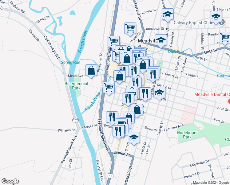 map of restaurants, bars, coffee shops, grocery stores, and more near 200 Pine Street in Meadville