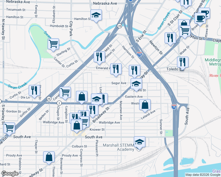 map of restaurants, bars, coffee shops, grocery stores, and more near 532 Eastern Avenue in Toledo