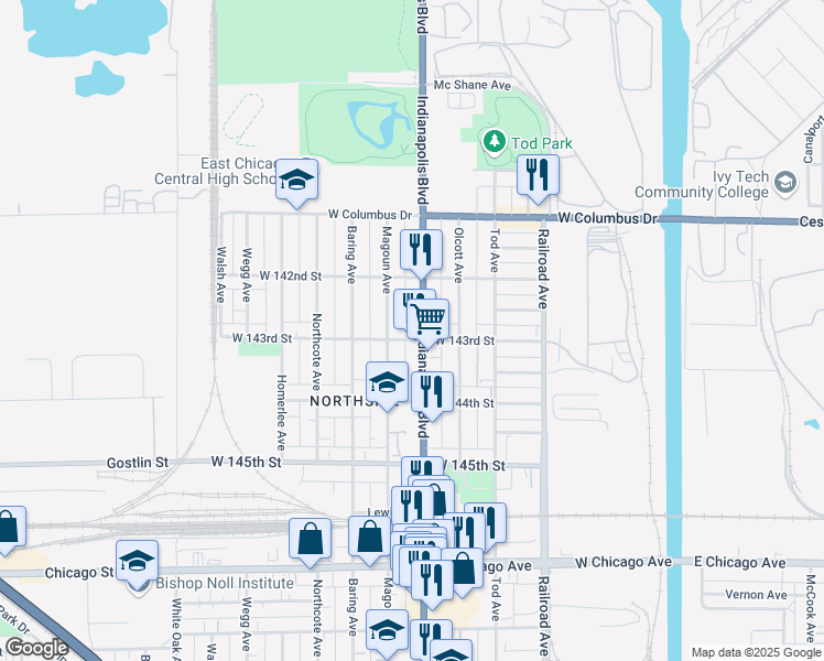 map of restaurants, bars, coffee shops, grocery stores, and more near in East Chicago