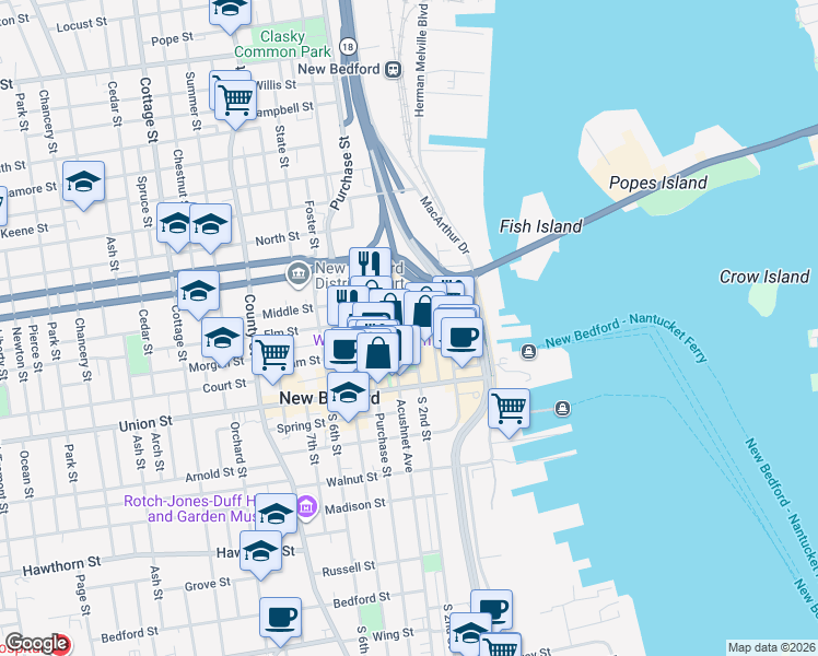 map of restaurants, bars, coffee shops, grocery stores, and more near 37 North 2nd Street in New Bedford