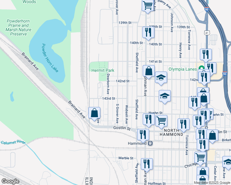 map of restaurants, bars, coffee shops, grocery stores, and more near 4236 South Grover Avenue in Hammond