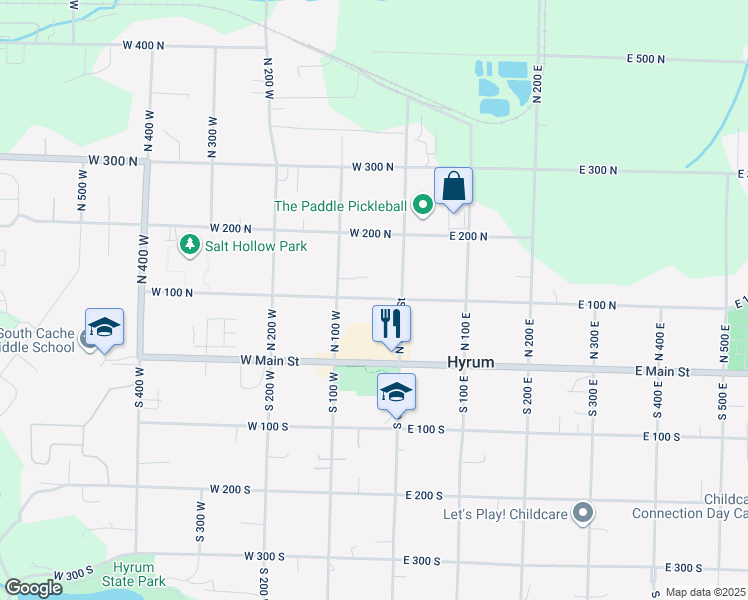map of restaurants, bars, coffee shops, grocery stores, and more near 45 West 150 North in Hyrum
