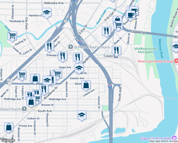 map of restaurants, bars, coffee shops, grocery stores, and more near 228 Eastern Avenue in Toledo