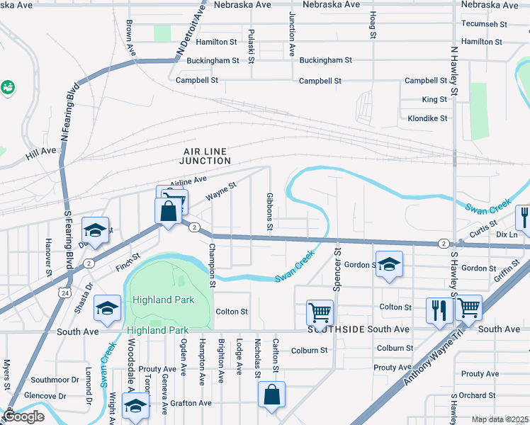 map of restaurants, bars, coffee shops, grocery stores, and more near 208 Gibbons Street in Toledo