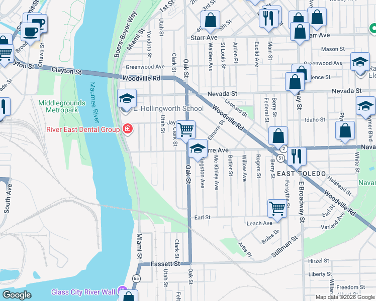 map of restaurants, bars, coffee shops, grocery stores, and more near Navarre Ave & Oak St in Toledo