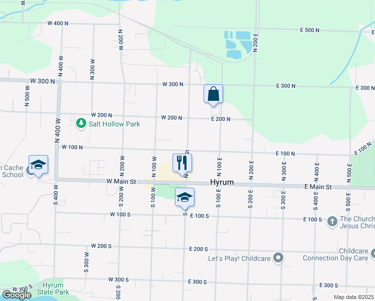 map of restaurants, bars, coffee shops, grocery stores, and more near 100 North Center Street in Hyrum