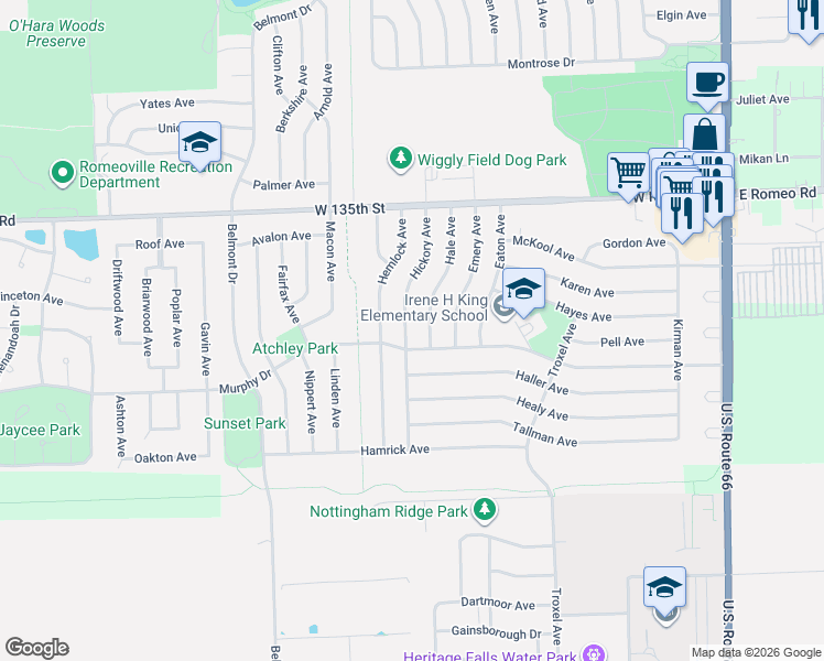 map of restaurants, bars, coffee shops, grocery stores, and more near 417 Murphy Drive in Romeoville
