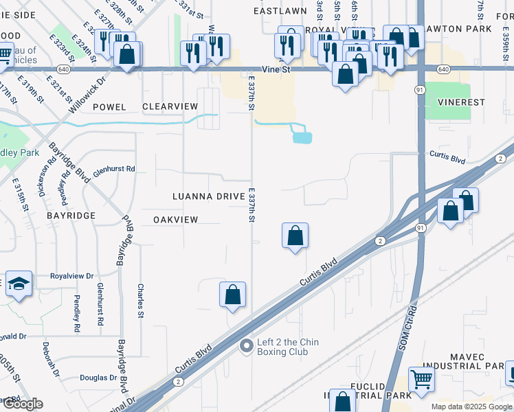 map of restaurants, bars, coffee shops, grocery stores, and more near 1637 East 337th Street in Eastlake