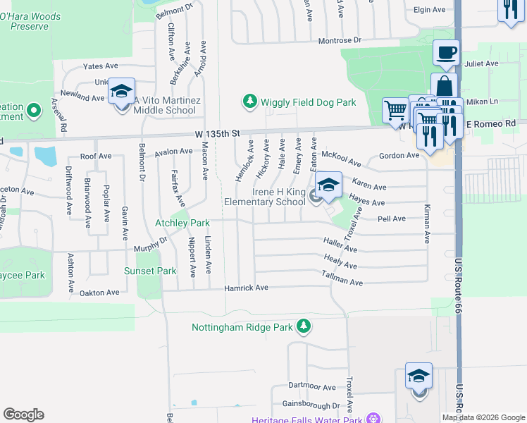 map of restaurants, bars, coffee shops, grocery stores, and more near 417 Murphy Drive in Romeoville