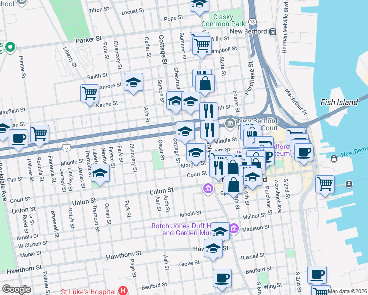 map of restaurants, bars, coffee shops, grocery stores, and more near 247 Elm Street in New Bedford