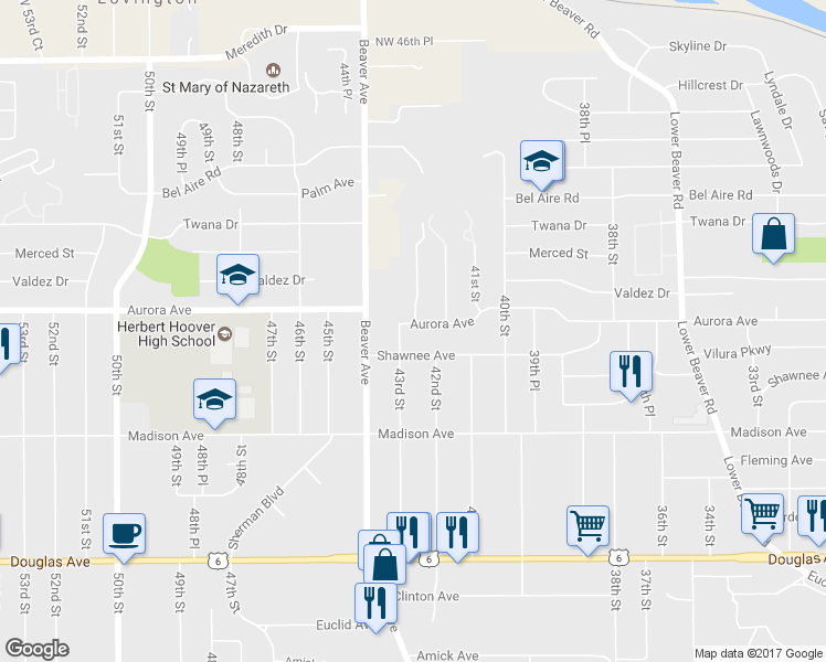map of restaurants, bars, coffee shops, grocery stores, and more near 4222 Aurora Avenue in Des Moines
