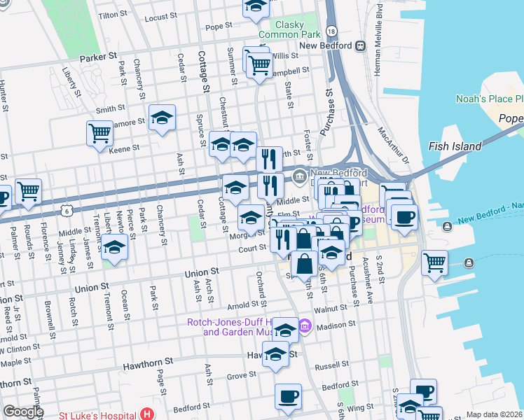 map of restaurants, bars, coffee shops, grocery stores, and more near 464 County Street in New Bedford
