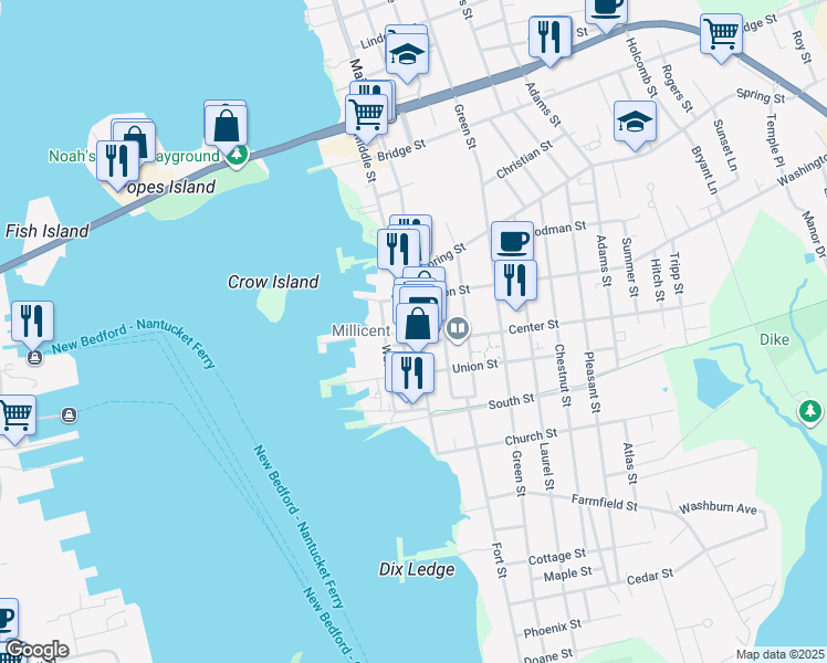 map of restaurants, bars, coffee shops, grocery stores, and more near 52 Main Street in Fairhaven