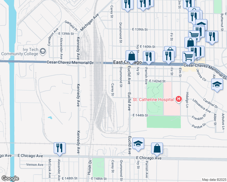 map of restaurants, bars, coffee shops, grocery stores, and more near in East Chicago