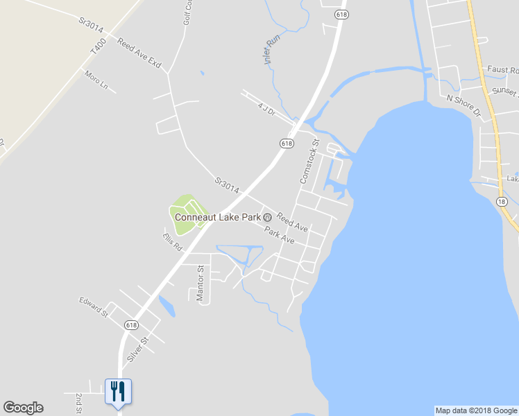 map of restaurants, bars, coffee shops, grocery stores, and more near 12495 Reed Avenue in Conneaut Lake