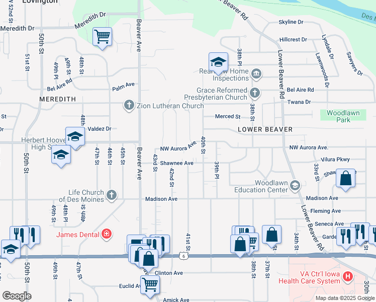 map of restaurants, bars, coffee shops, grocery stores, and more near 4108 Aurora Avenue in Des Moines