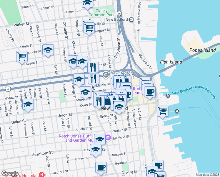 map of restaurants, bars, coffee shops, grocery stores, and more near 53 North 6th Street in New Bedford