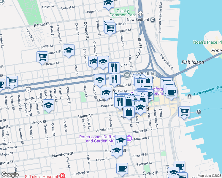 map of restaurants, bars, coffee shops, grocery stores, and more near 464 County Street in New Bedford