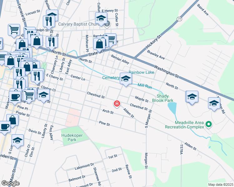 map of restaurants, bars, coffee shops, grocery stores, and more near 586-630 Chestnut Street in Meadville