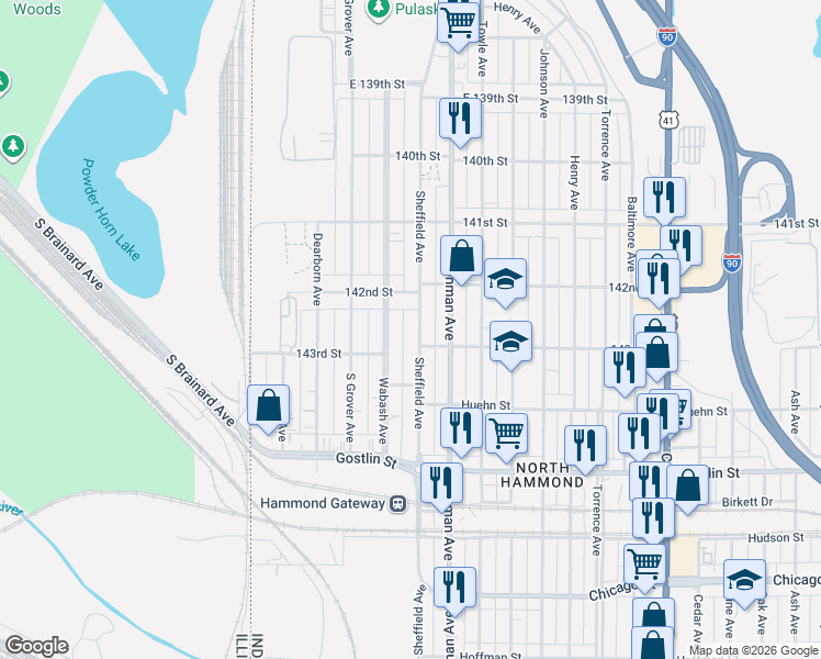 map of restaurants, bars, coffee shops, grocery stores, and more near 4308 Sheffield Avenue in Hammond