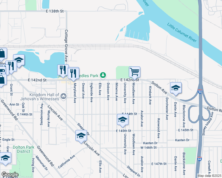 map of restaurants, bars, coffee shops, grocery stores, and more near 14248 Minerva Avenue in Dolton