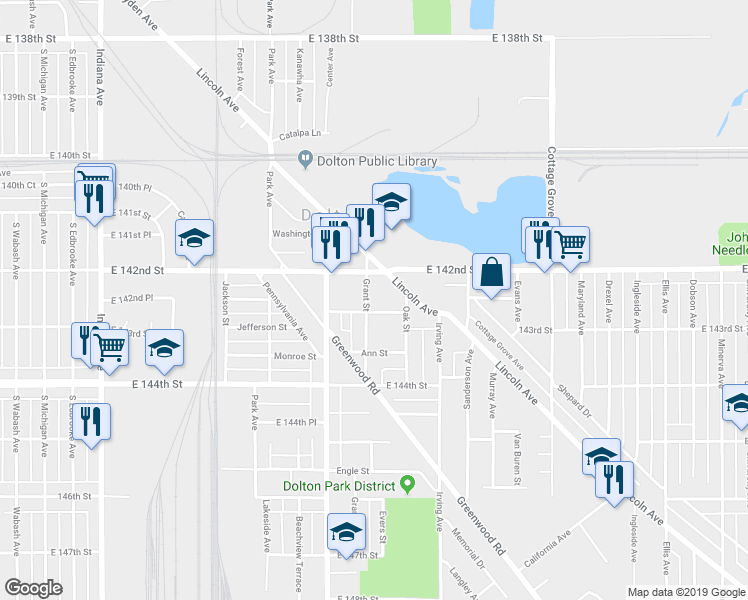 map of restaurants, bars, coffee shops, grocery stores, and more near 14246 Grant Street in Dolton