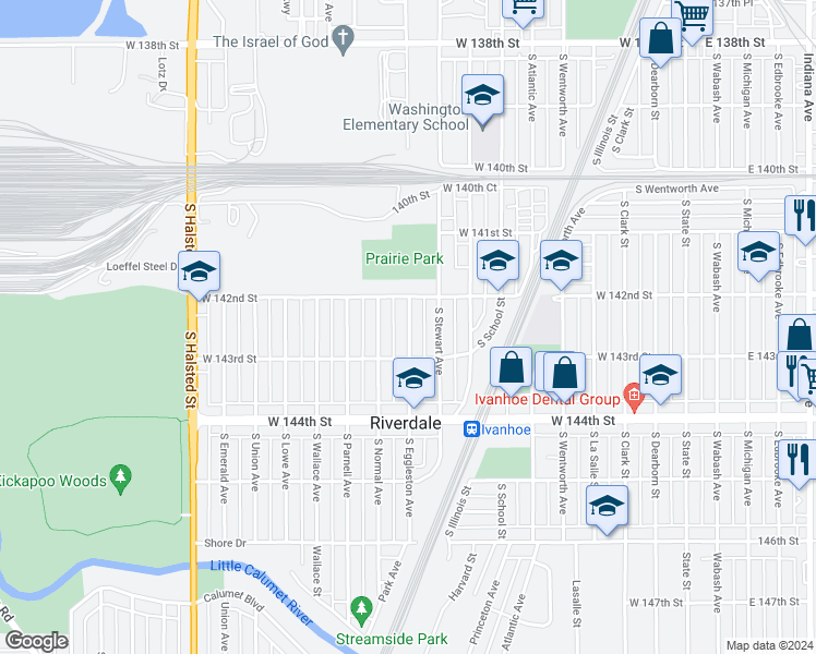 map of restaurants, bars, coffee shops, grocery stores, and more near 14236 South Eggleston Avenue in Riverdale