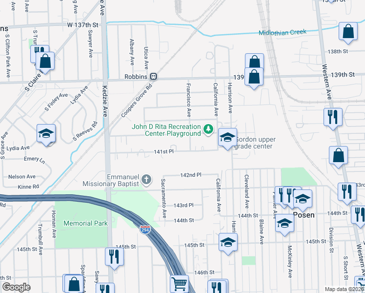 map of restaurants, bars, coffee shops, grocery stores, and more near 2865 141st Place in Blue Island