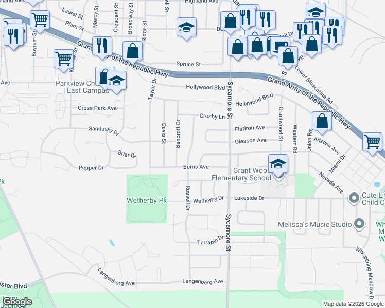 map of restaurants, bars, coffee shops, grocery stores, and more near 1510 Burns Avenue in Iowa City