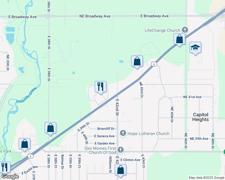 map of restaurants, bars, coffee shops, grocery stores, and more near 4112 Hubbell Avenue in Des Moines