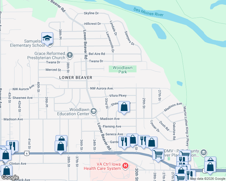 map of restaurants, bars, coffee shops, grocery stores, and more near 3122 Vilura Parkway in Des Moines