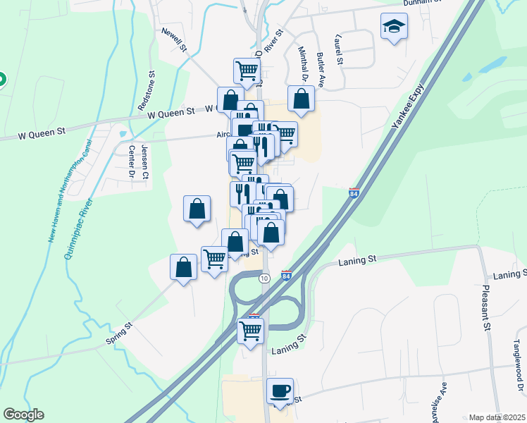 map of restaurants, bars, coffee shops, grocery stores, and more near 672 Queen Street in Southington
