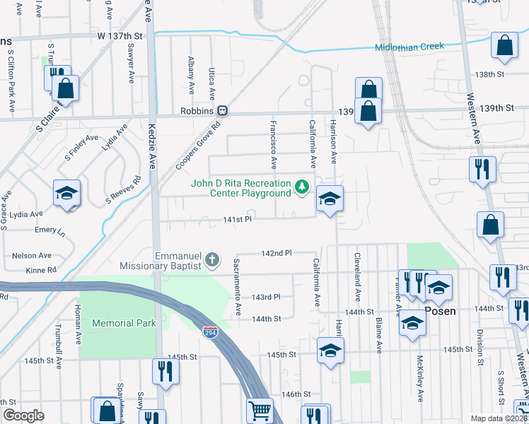 map of restaurants, bars, coffee shops, grocery stores, and more near 2865 141st Place in Blue Island